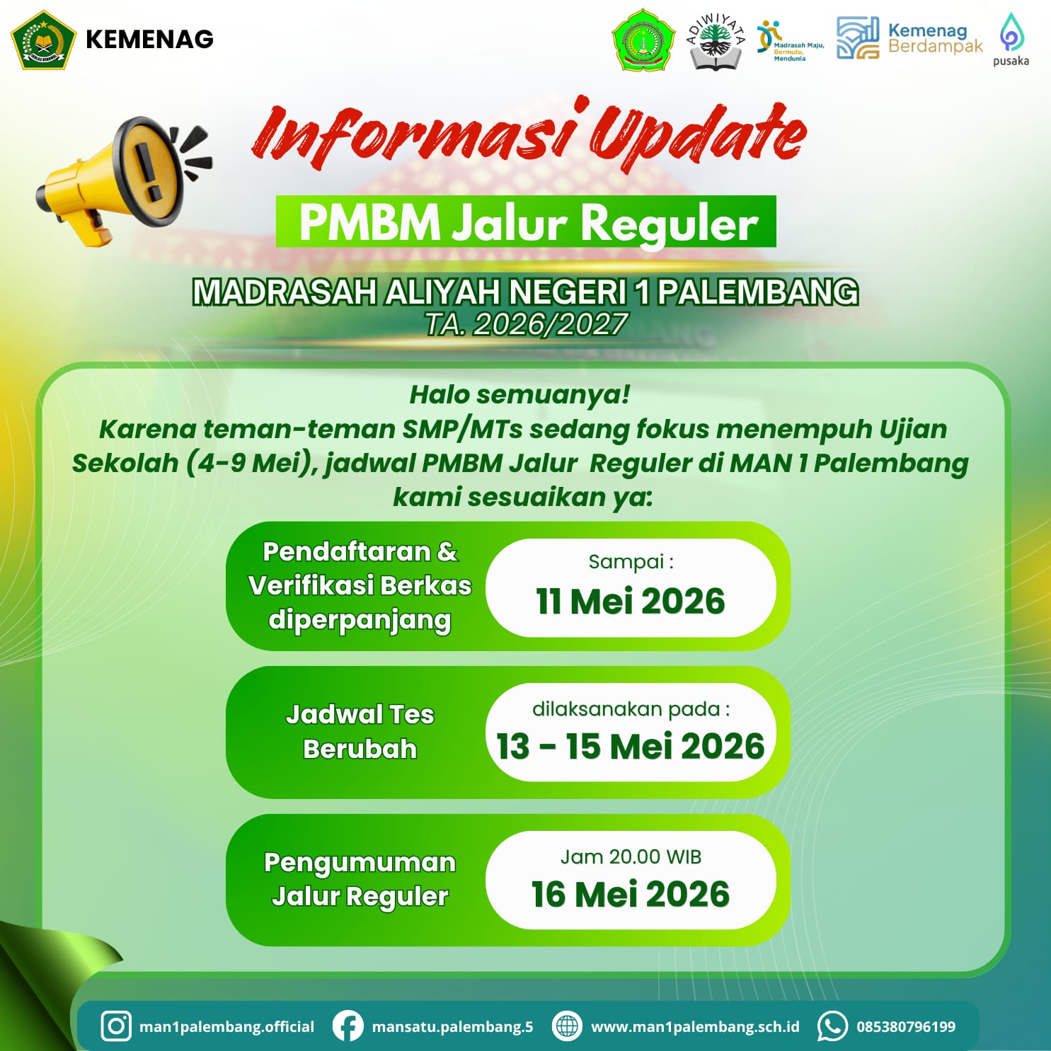 Penyesuaian Jadwal PMBM Jalur Reguler MAN 1 Palembang TA.2026/2027